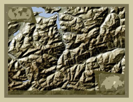 Photo for Uri, canton of Switzerland. Elevation map colored in wiki style with lakes and rivers. Locations and names of major cities of the region. Corner auxiliary location maps - Royalty Free Image