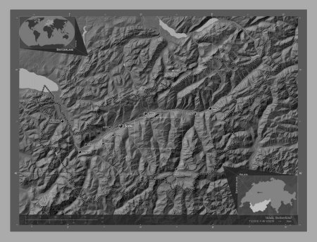 Foto de Valais, cantón de Suiza. Mapa de elevación de Bilevel con lagos y ríos. Ubicaciones y nombres de las principales ciudades de la región. Mapas de ubicación auxiliares de esquina - Imagen libre de derechos