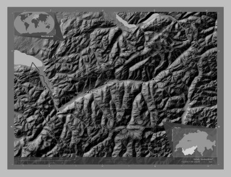 Foto de Valais, cantón de Suiza. Mapa de elevación a escala de grises con lagos y ríos. Ubicaciones y nombres de las principales ciudades de la región. Mapas de ubicación auxiliares de esquina - Imagen libre de derechos