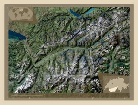Foto de Valais, cantón de Suiza. Mapa satelital de alta resolución. Ubicaciones de las principales ciudades de la región. Mapas de ubicación auxiliares de esquina - Imagen libre de derechos