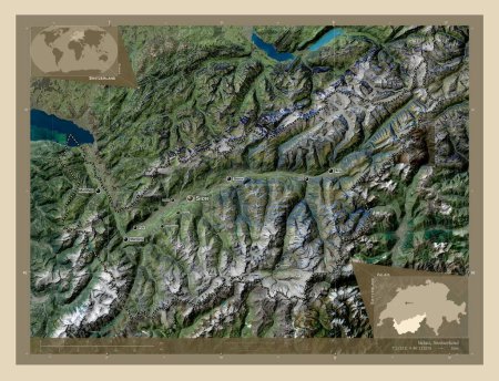 Foto de Valais, cantón de Suiza. Mapa satelital de alta resolución. Ubicaciones y nombres de las principales ciudades de la región. Mapas de ubicación auxiliares de esquina - Imagen libre de derechos