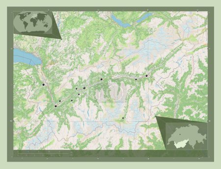 Foto de Valais, cantón de Suiza. Open Street Map. Ubicaciones de las principales ciudades de la región. Mapas de ubicación auxiliares de esquina - Imagen libre de derechos