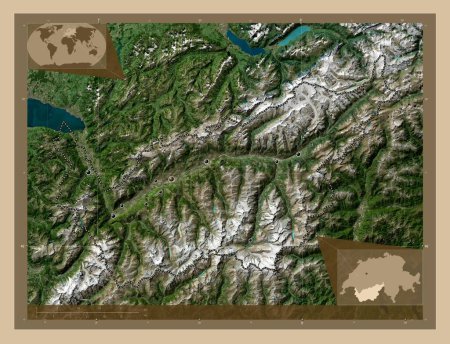Foto de Valais, cantón de Suiza. Mapa satelital de baja resolución. Ubicaciones de las principales ciudades de la región. Mapas de ubicación auxiliares de esquina - Imagen libre de derechos