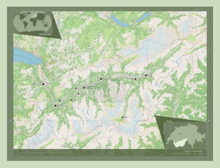 Foto de Valais, cantón de Suiza. Open Street Map. Ubicaciones y nombres de las principales ciudades de la región. Mapas de ubicación auxiliares de esquina - Imagen libre de derechos