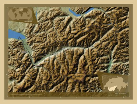 Foto de Valais, cantón de Suiza. Mapa de elevación de colores con lagos y ríos. Ubicaciones y nombres de las principales ciudades de la región. Mapas de ubicación auxiliares de esquina - Imagen libre de derechos