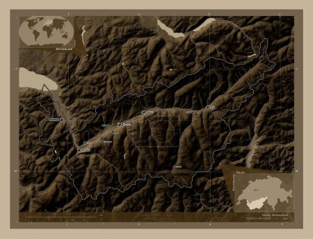 Foto de Valais, cantón de Suiza. Mapa de elevación coloreado en tonos sepia con lagos y ríos. Ubicaciones y nombres de las principales ciudades de la región. Mapas de ubicación auxiliares de esquina - Imagen libre de derechos