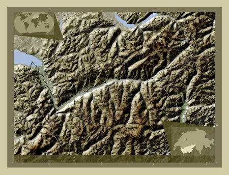 Foto de Valais, cantón de Suiza. Mapa de elevación coloreado en estilo wiki con lagos y ríos. Ubicaciones de las principales ciudades de la región. Mapas de ubicación auxiliares de esquina - Imagen libre de derechos