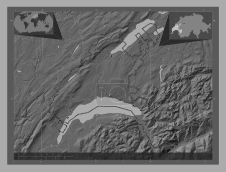 Téléchargez les photos : Vaud, canton de Suisse. Carte d'altitude de Bilevel avec lacs et rivières. Emplacements des grandes villes de la région. Corner cartes de localisation auxiliaires - en image libre de droit