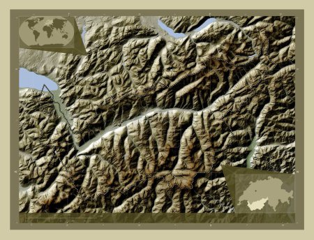 Foto de Valais, canton of Switzerland. Elevation map colored in wiki style with lakes and rivers. Corner auxiliary location maps - Imagen libre de derechos
