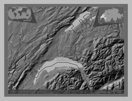 Foto de Vaud, cantón de Suiza. Mapa de elevación a escala de grises con lagos y ríos. Ubicaciones y nombres de las principales ciudades de la región. Mapas de ubicación auxiliares de esquina - Imagen libre de derechos