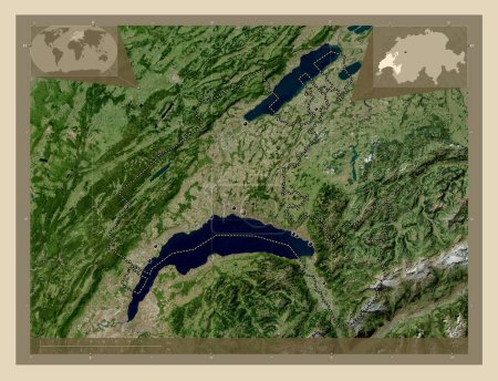 Foto de Vaud, cantón de Suiza. Mapa satelital de alta resolución. Ubicaciones de las principales ciudades de la región. Mapas de ubicación auxiliares de esquina - Imagen libre de derechos