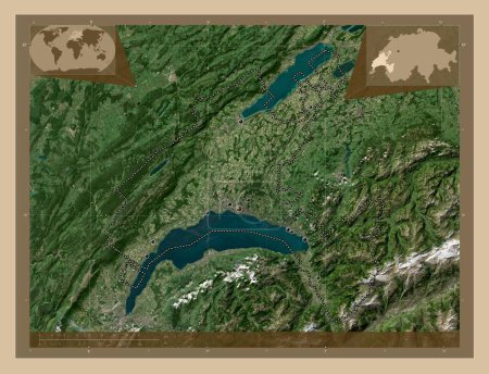 Téléchargez les photos : Vaud, canton de Suisse. Carte satellite basse résolution. Emplacements des grandes villes de la région. Corner cartes de localisation auxiliaires - en image libre de droit