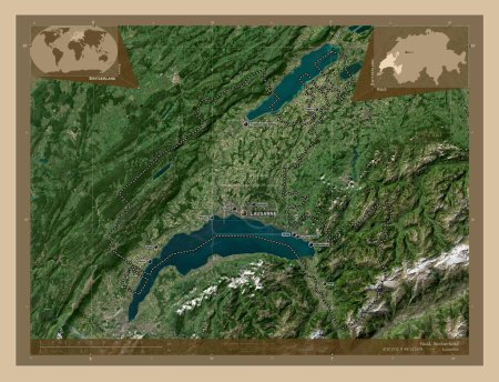 Foto de Vaud, cantón de Suiza. Mapa satelital de baja resolución. Ubicaciones y nombres de las principales ciudades de la región. Mapas de ubicación auxiliares de esquina - Imagen libre de derechos