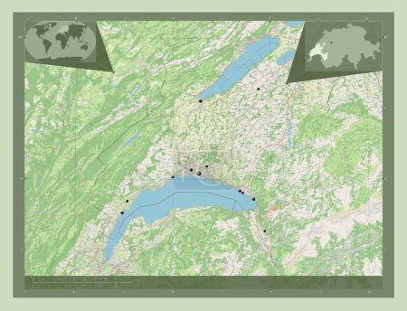Foto de Vaud, cantón de Suiza. Open Street Map. Ubicaciones de las principales ciudades de la región. Mapas de ubicación auxiliares de esquina - Imagen libre de derechos