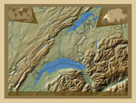 Photo for Vaud, canton of Switzerland. Colored elevation map with lakes and rivers. Locations and names of major cities of the region. Corner auxiliary location maps - Royalty Free Image
