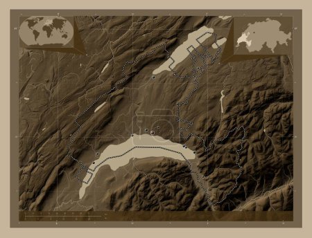Foto de Vaud, canton of Switzerland. Elevation map colored in sepia tones with lakes and rivers. Locations of major cities of the region. Corner auxiliary location maps - Imagen libre de derechos