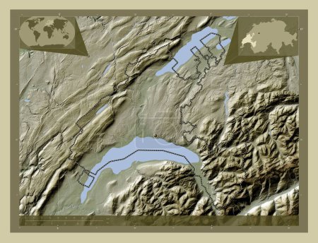 Foto de Vaud, cantón de Suiza. Mapa de elevación coloreado en estilo wiki con lagos y ríos. Mapas de ubicación auxiliares de esquina - Imagen libre de derechos