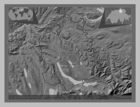 Foto de Zurich, canton of Switzerland. Grayscale elevation map with lakes and rivers. Locations of major cities of the region. Corner auxiliary location maps - Imagen libre de derechos