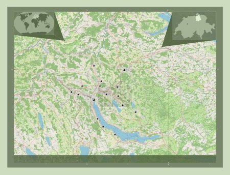 Zürich, Kanton Schweiz. Open Street Map. Standorte der wichtigsten Städte der Region. Eck-Zusatzstandortkarten