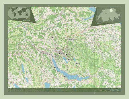Foto de Zurich, cantón de Suiza. Open Street Map. Ubicaciones y nombres de las principales ciudades de la región. Mapas de ubicación auxiliares de esquina - Imagen libre de derechos
