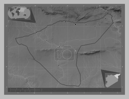 Téléchargez les photos : Al Hasakah, province of Syria. Grayscale elevation map with lakes and rivers. Locations of major cities of the region. Corner auxiliary location maps - en image libre de droit