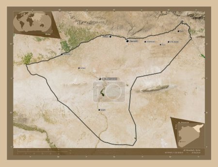 Téléchargez les photos : Al Hasakah, province de Syrie. Carte satellite basse résolution. Emplacements et noms des grandes villes de la région. Corner cartes de localisation auxiliaires - en image libre de droit