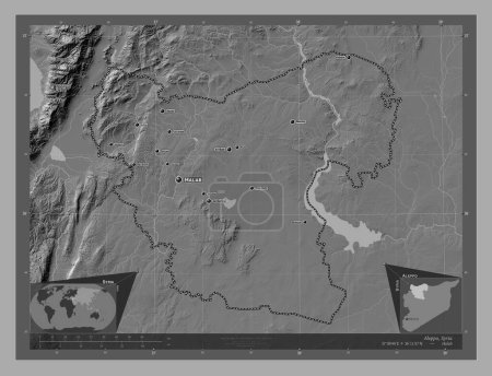Téléchargez les photos : Aleppo, province of Syria. Bilevel elevation map with lakes and rivers. Locations and names of major cities of the region. Corner auxiliary location maps - en image libre de droit