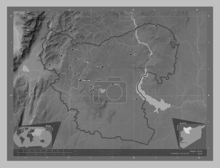 Photo for Aleppo, province of Syria. Grayscale elevation map with lakes and rivers. Locations and names of major cities of the region. Corner auxiliary location maps - Royalty Free Image
