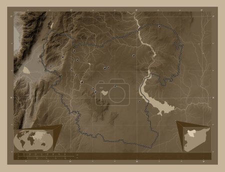 Photo for Aleppo, province of Syria. Elevation map colored in sepia tones with lakes and rivers. Locations of major cities of the region. Corner auxiliary location maps - Royalty Free Image