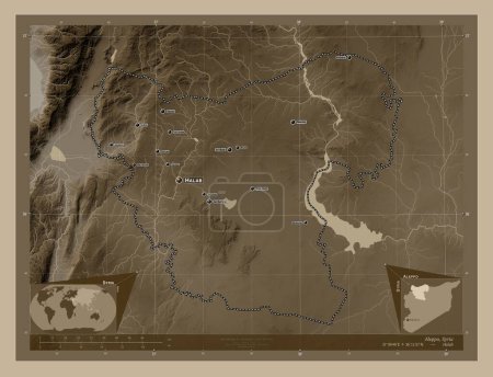 Photo for Aleppo, province of Syria. Elevation map colored in sepia tones with lakes and rivers. Locations and names of major cities of the region. Corner auxiliary location maps - Royalty Free Image