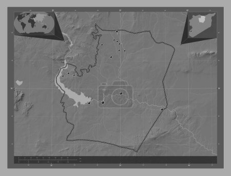 Téléchargez les photos : Ar Raqqah, province of Syria. Bilevel elevation map with lakes and rivers. Locations of major cities of the region. Corner auxiliary location maps - en image libre de droit
