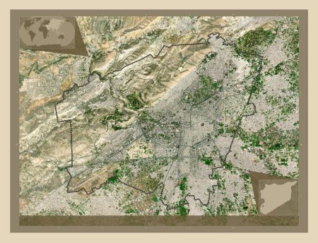 Foto de Damasco, provincia de Siria. Mapa satelital de alta resolución. Ubicaciones de las principales ciudades de la región. Mapas de ubicación auxiliares de esquina - Imagen libre de derechos