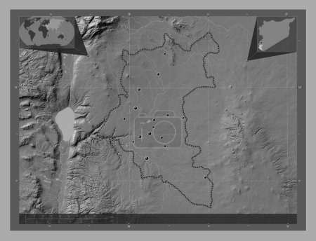 Téléchargez les photos : Dar`a, province of Syria. Bilevel elevation map with lakes and rivers. Locations of major cities of the region. Corner auxiliary location maps - en image libre de droit
