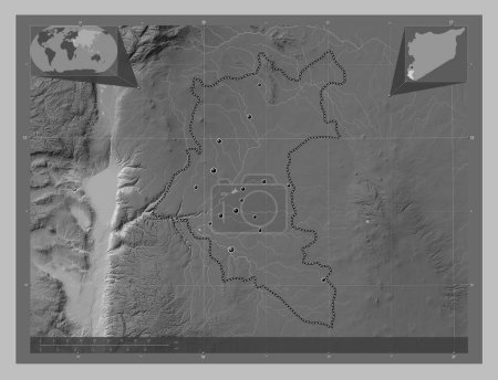 Téléchargez les photos : Dar`a, province of Syria. Grayscale elevation map with lakes and rivers. Locations of major cities of the region. Corner auxiliary location maps - en image libre de droit