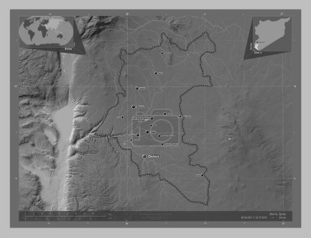 Téléchargez les photos : Dar`a, province of Syria. Grayscale elevation map with lakes and rivers. Locations and names of major cities of the region. Corner auxiliary location maps - en image libre de droit