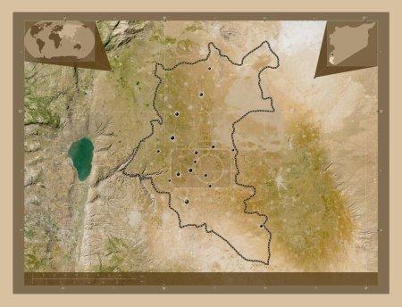 Téléchargez les photos : Dar`a, province of Syria. Low resolution satellite map. Locations of major cities of the region. Corner auxiliary location maps - en image libre de droit