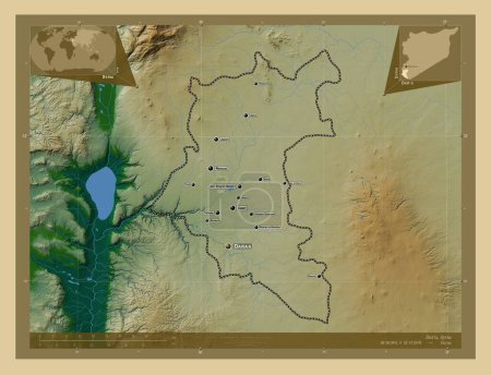 Téléchargez les photos : Dar`a, province of Syria. Colored elevation map with lakes and rivers. Locations and names of major cities of the region. Corner auxiliary location maps - en image libre de droit