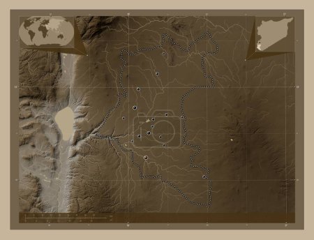 Téléchargez les photos : Dar`a, province of Syria. Elevation map colored in sepia tones with lakes and rivers. Locations of major cities of the region. Corner auxiliary location maps - en image libre de droit