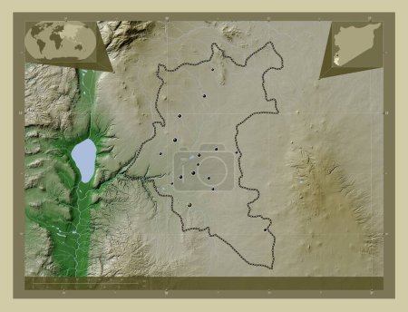 Téléchargez les photos : Dar`a, province of Syria. Elevation map colored in wiki style with lakes and rivers. Locations of major cities of the region. Corner auxiliary location maps - en image libre de droit