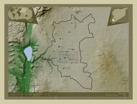 Téléchargez les photos : Dar`a, province of Syria. Elevation map colored in wiki style with lakes and rivers. Locations and names of major cities of the region. Corner auxiliary location maps - en image libre de droit