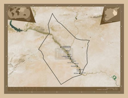 Téléchargez les photos : Dayr Az Zawr, province de Syrie. Carte satellite basse résolution. Emplacements et noms des grandes villes de la région. Corner cartes de localisation auxiliaires - en image libre de droit