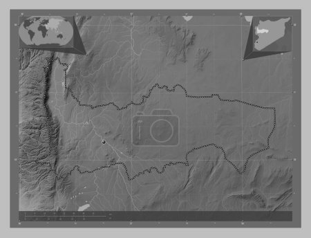 Foto de Hamah, provincia de Siria. Mapa de elevación a escala de grises con lagos y ríos. Mapas de ubicación auxiliares de esquina - Imagen libre de derechos