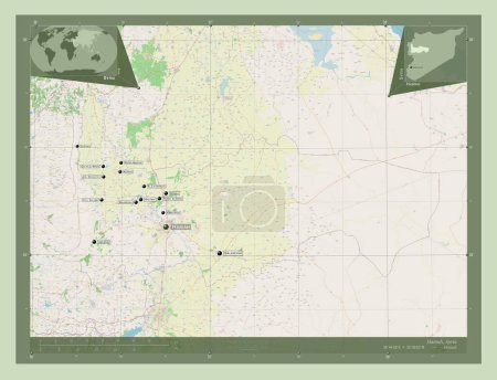 Téléchargez les photos : Hamah, province of Syria. Open Street Map. Locations and names of major cities of the region. Corner auxiliary location maps - en image libre de droit