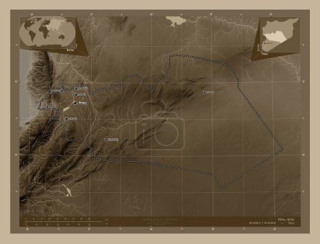 Photo for Hims, province of Syria. Elevation map colored in sepia tones with lakes and rivers. Locations and names of major cities of the region. Corner auxiliary location maps - Royalty Free Image