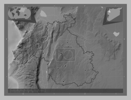 Photo for Idlib, province of Syria. Grayscale elevation map with lakes and rivers. Locations of major cities of the region. Corner auxiliary location maps - Royalty Free Image