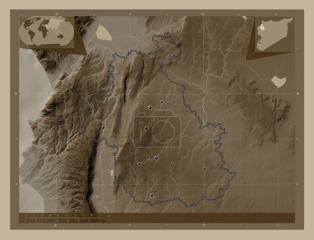 Photo for Idlib, province of Syria. Elevation map colored in sepia tones with lakes and rivers. Locations of major cities of the region. Corner auxiliary location maps - Royalty Free Image
