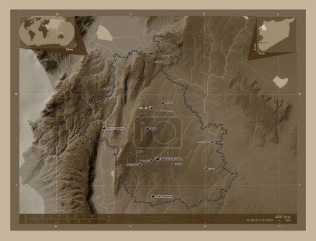 Photo for Idlib, province of Syria. Elevation map colored in sepia tones with lakes and rivers. Locations and names of major cities of the region. Corner auxiliary location maps - Royalty Free Image