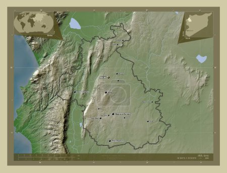 Téléchargez les photos : Idlib, province de Syrie. Carte d'altitude colorée dans le style wiki avec des lacs et des rivières. Emplacements et noms des grandes villes de la région. Corner cartes de localisation auxiliaires - en image libre de droit