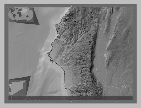Photo for Lattakia, province of Syria. Grayscale elevation map with lakes and rivers. Locations of major cities of the region. Corner auxiliary location maps - Royalty Free Image