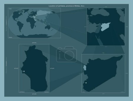 Photo for Lattakia, province of Syria. Diagram showing the location of the region on larger-scale maps. Composition of vector frames and PNG shapes on a solid background - Royalty Free Image